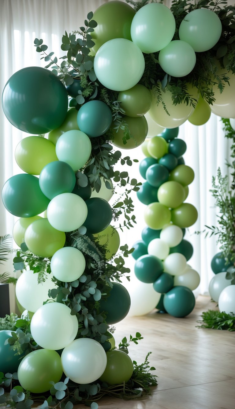 A balloon garland arch decorated with green leaves and white and green balloons.